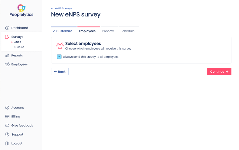 Screenshot of the interface to select employees to send the survey to. In this case, the user has selected to 'always send to the entire company'