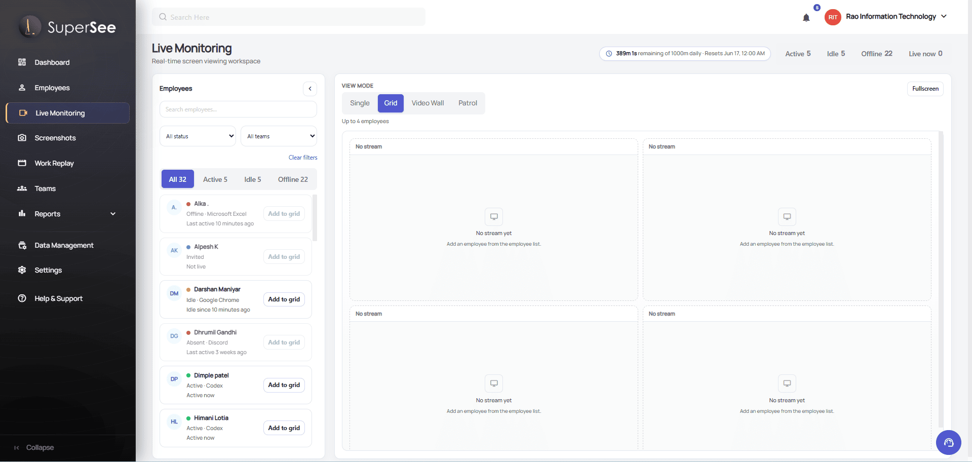 Screenshot of a view employee screens in real time using single-screen, multi-screen grid, video wall, and patrol modes for better operational visibility.