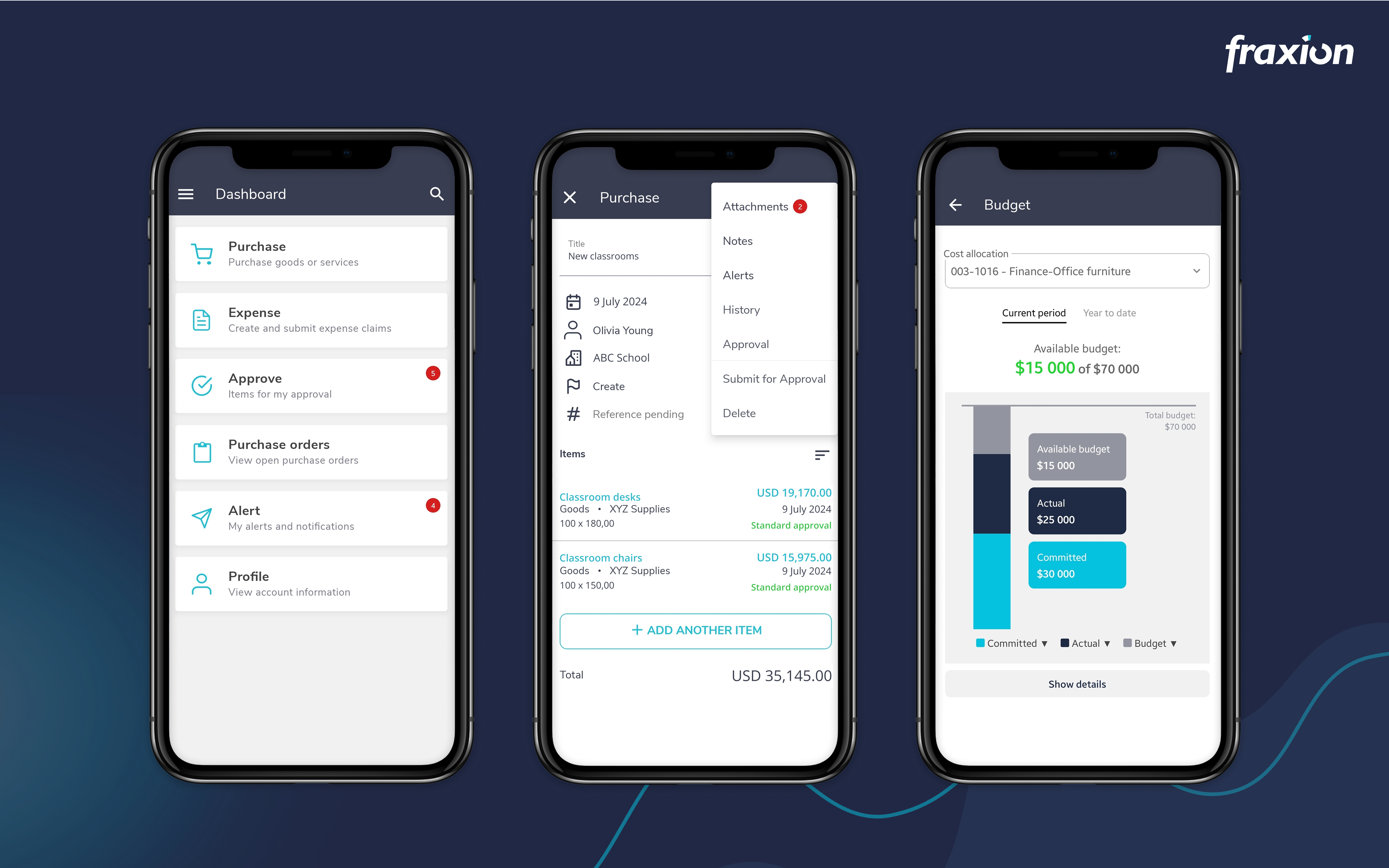 Screenshot of purchase, expense, and approvals on-the-go