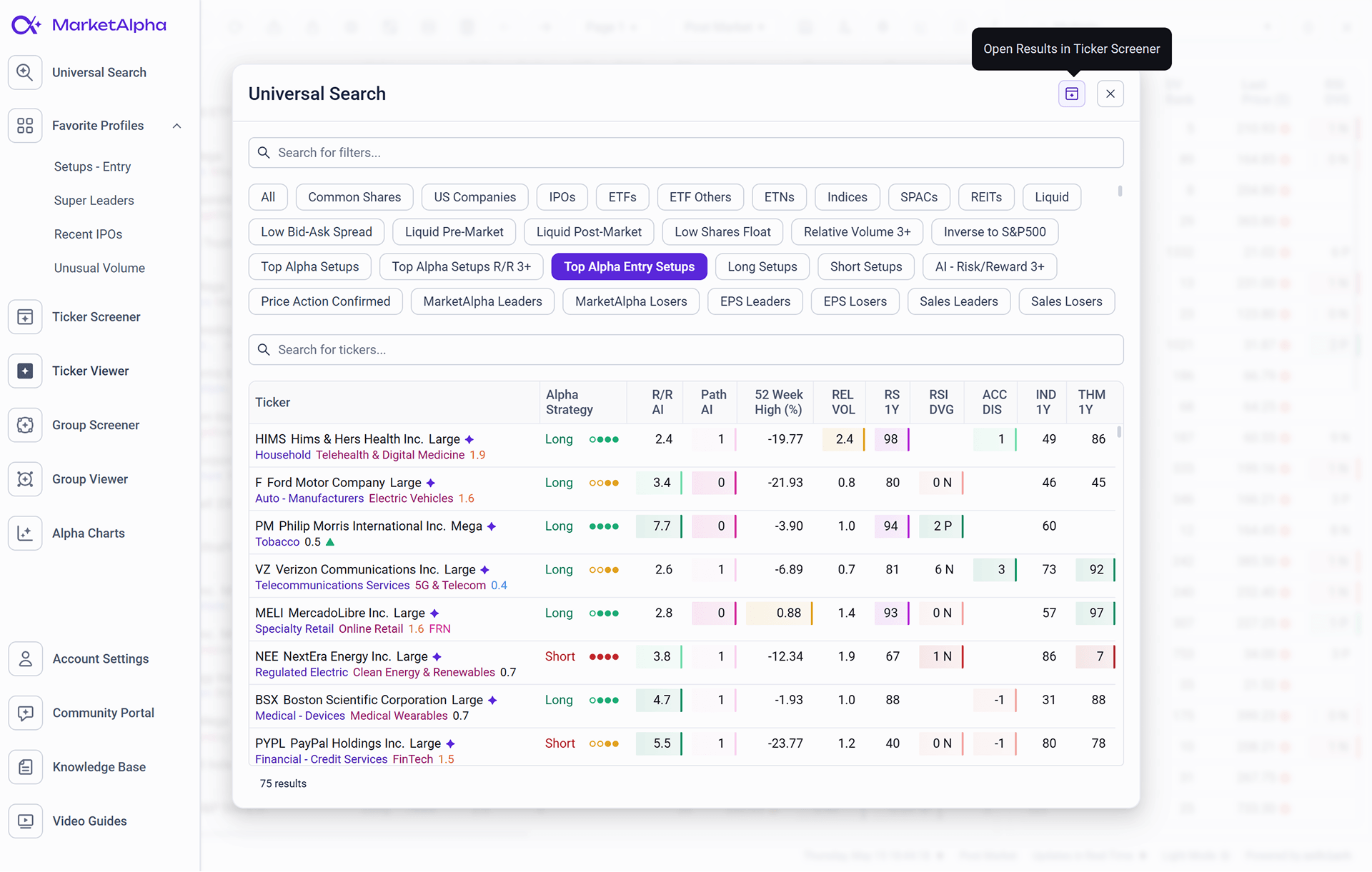 Screenshot of The search interface identifies equities based on volume, valuation, and specific technical patterns. The system supports transitioning search results into actionable screeners and defined trading strategies.