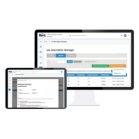 Screenshot of the Job Description Manager. It is an interface showing customizable role templates, compliance language, and team-based approval workflows.