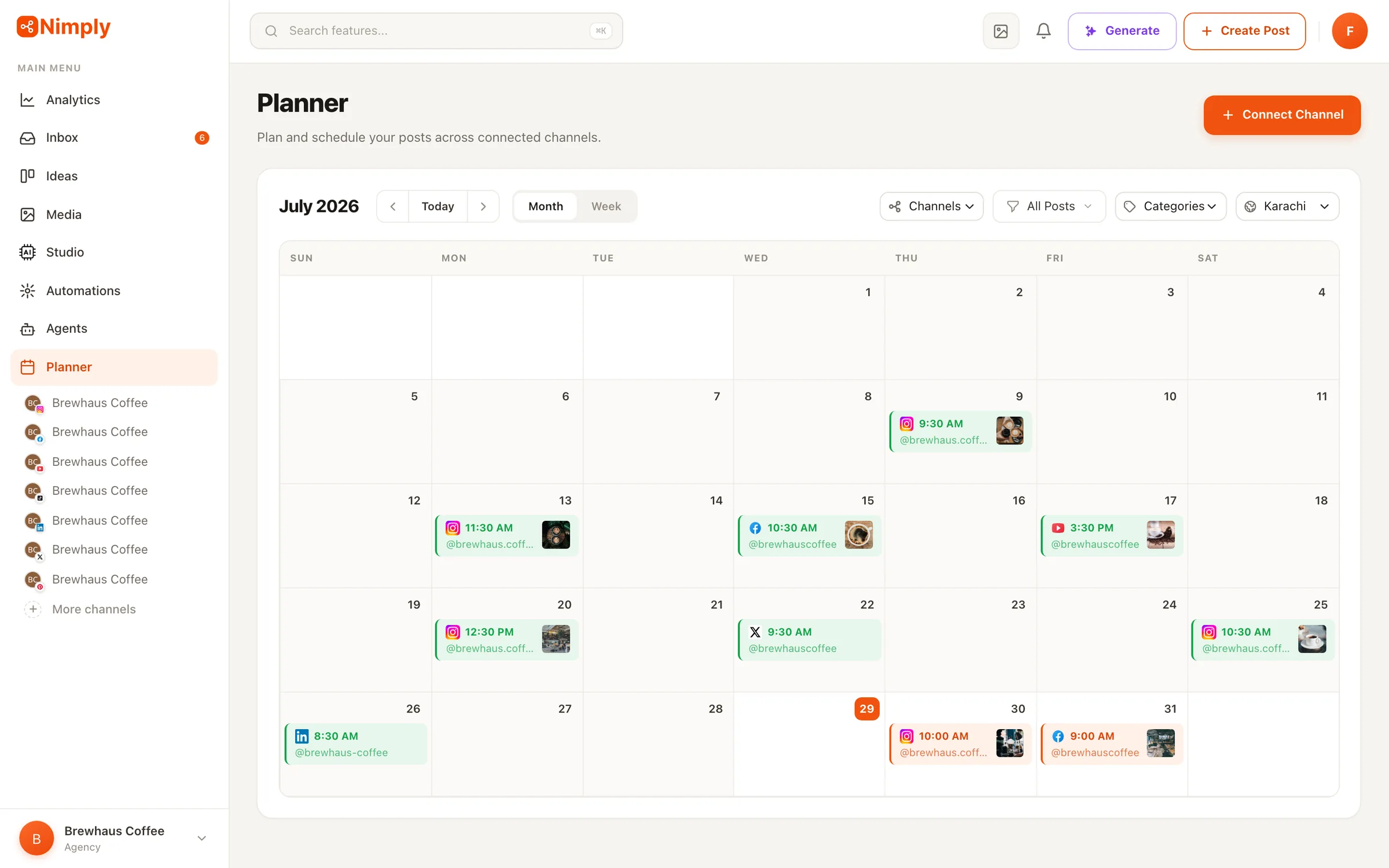 Screenshot of Planner calendar with scheduled posts across networks