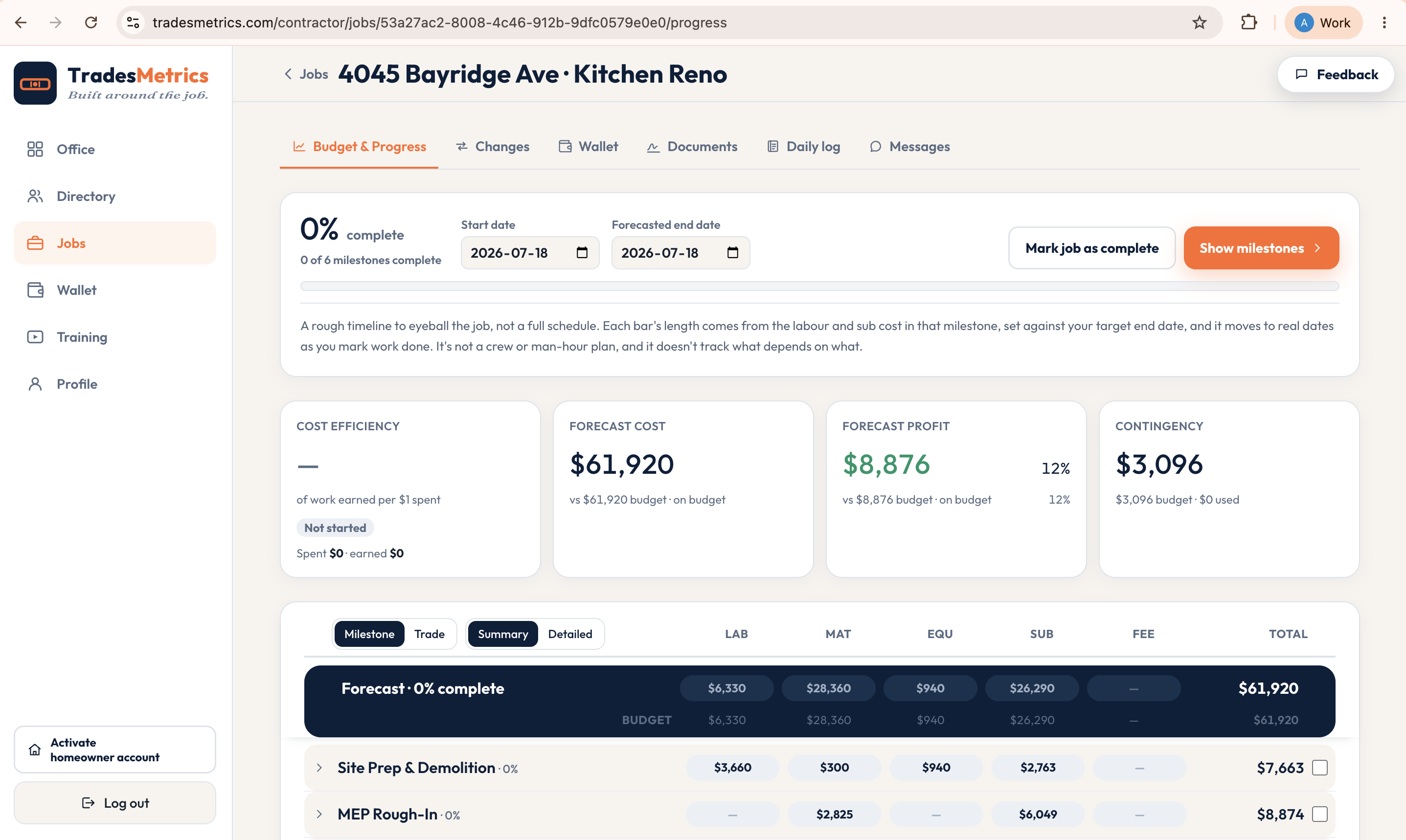 Screenshot of Job screen