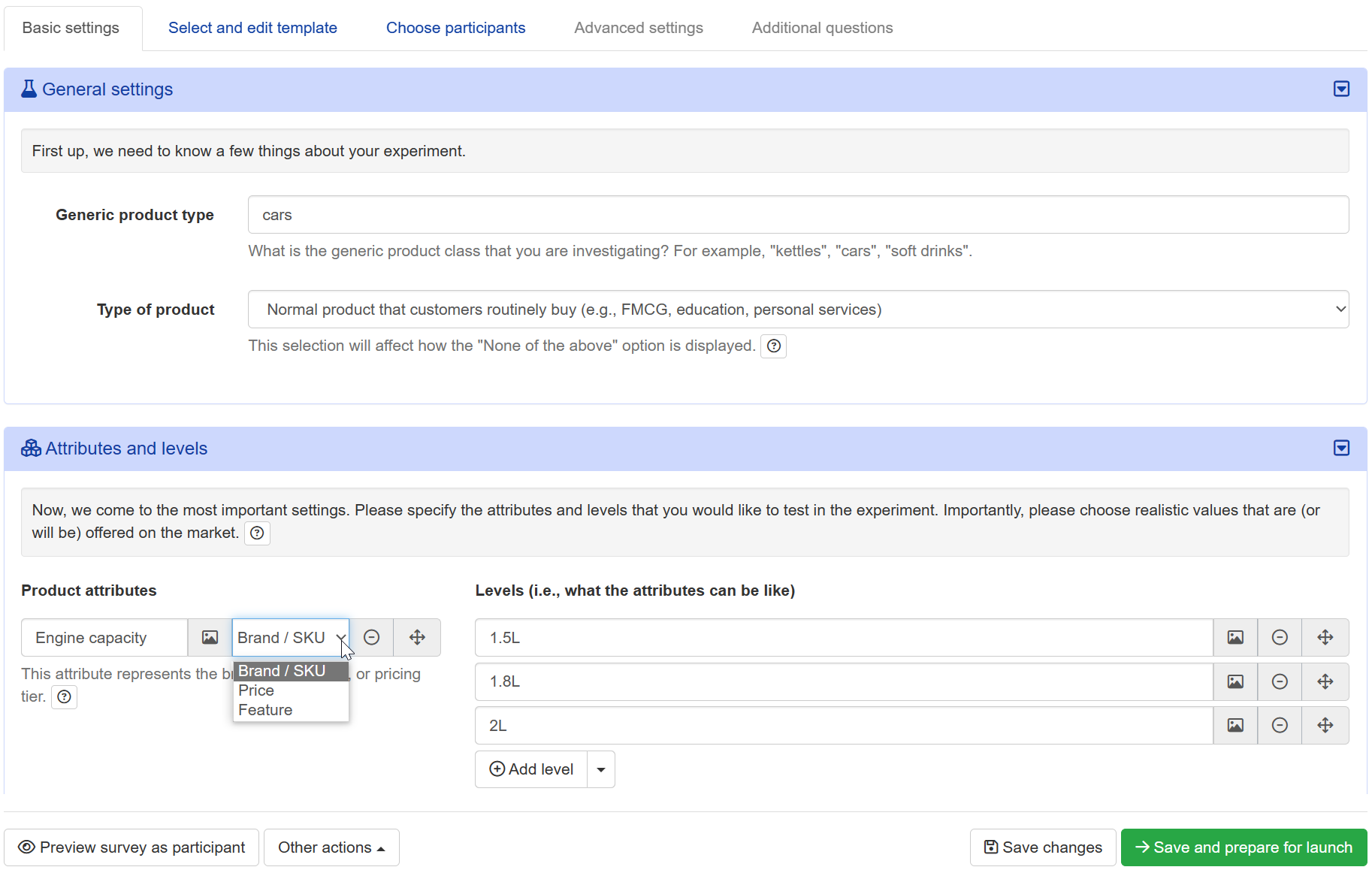 Screenshot of the survey building interface, which features pre-filled text and an AI helper.