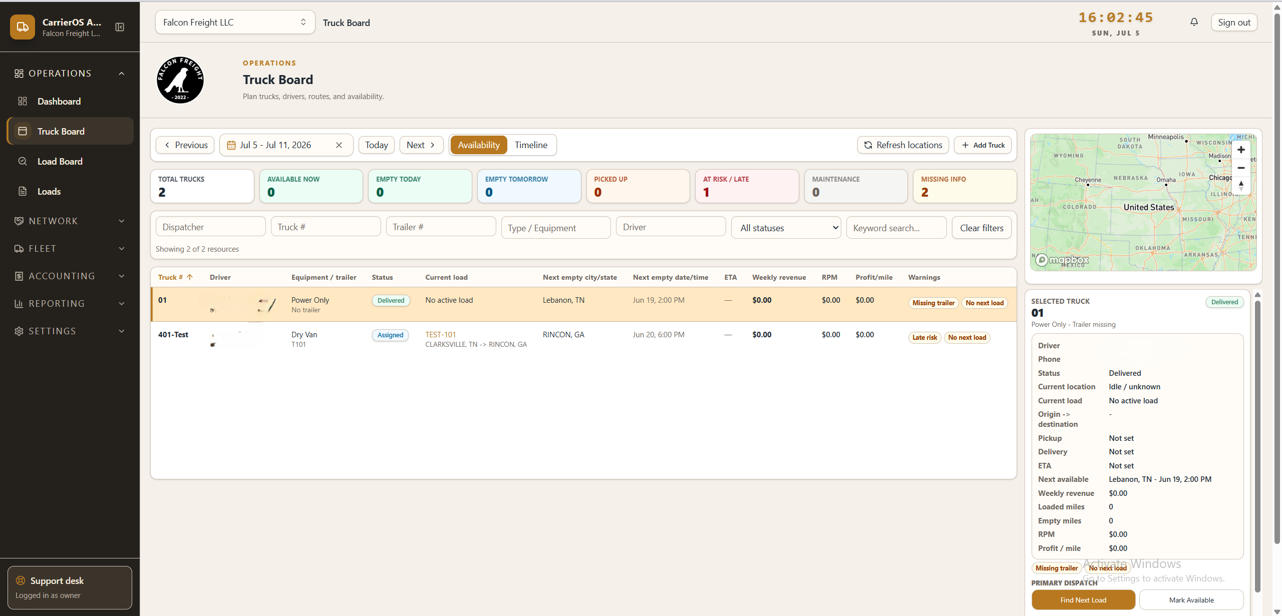 Screenshot of the CarrierOS AI TMS Truck Board, which helps dispatchers manage truck and driver availability from one screen. It shows active assignments, current and next locations, equipment, trailers, empty dates, weekly revenue, rate per mile, profit per mile, maintenance status, and warnings such as late risk or missing information. The integrated map and truck detail panel make it easier to plan equipment, prevent gaps, and keep every truck moving.