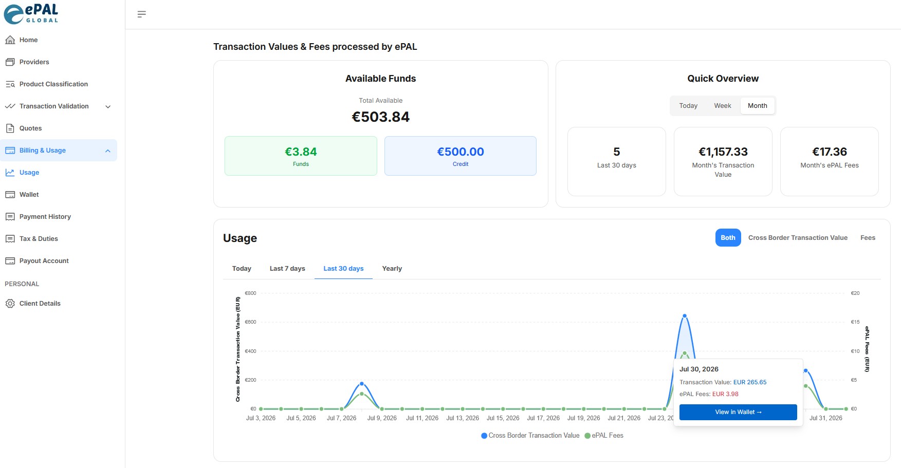Screenshot of ePAL portal showing the merchant's transactions and fees