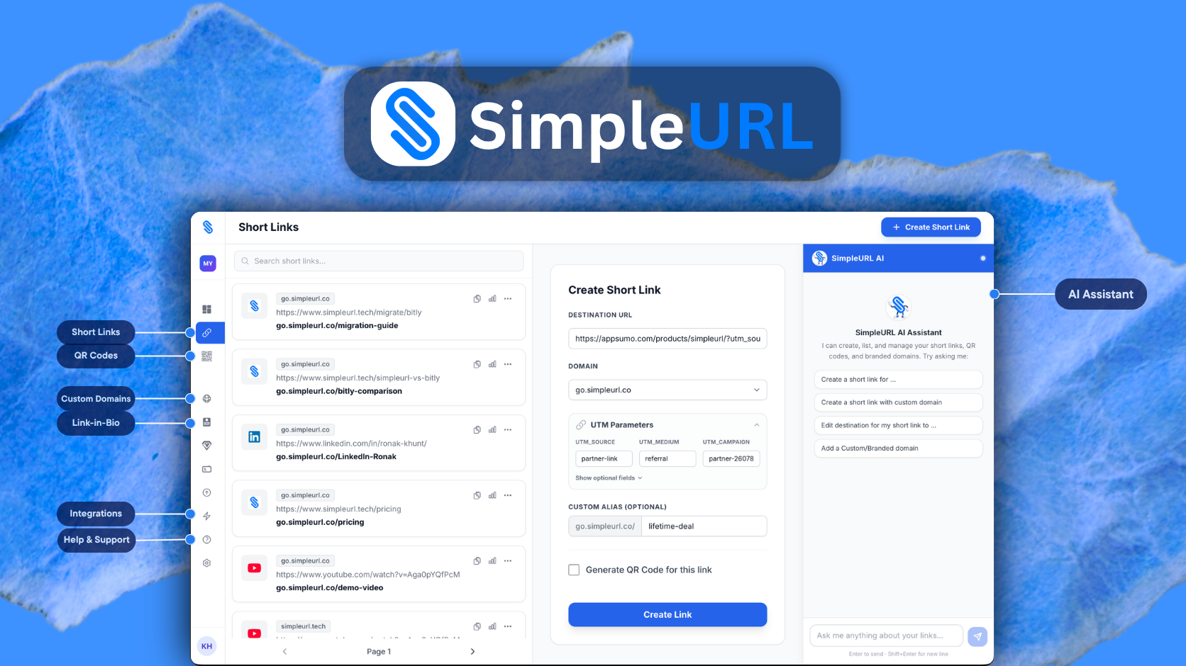 Screenshot of branded short links, dynamic QR codes, and bio pages