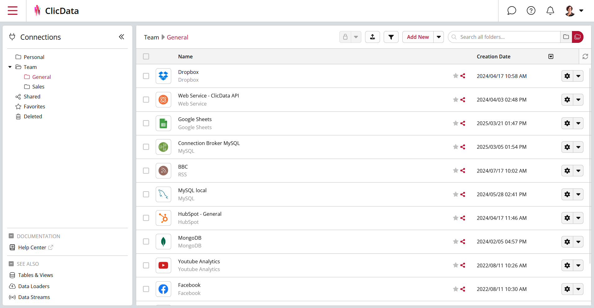 Screenshot of ClicData's data warehouse where company's data is centralized.