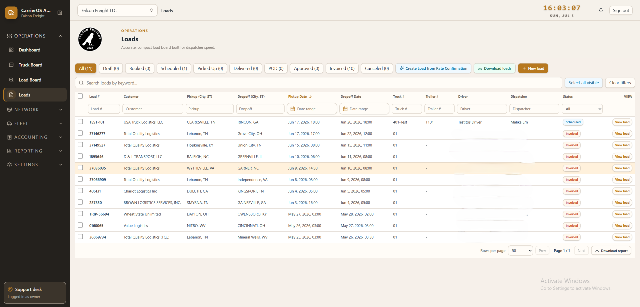 Screenshot of the CarrierOS AI TMS Loads page, which helps dispatchers manage the full load workflow from one screen. Users can search and filter loads by customer, route, dates, truck, trailer, driver, dispatcher, and status. The page also supports AI-assisted load creation from rate confirmations, manual load entry, reporting, and quick access to full load details.