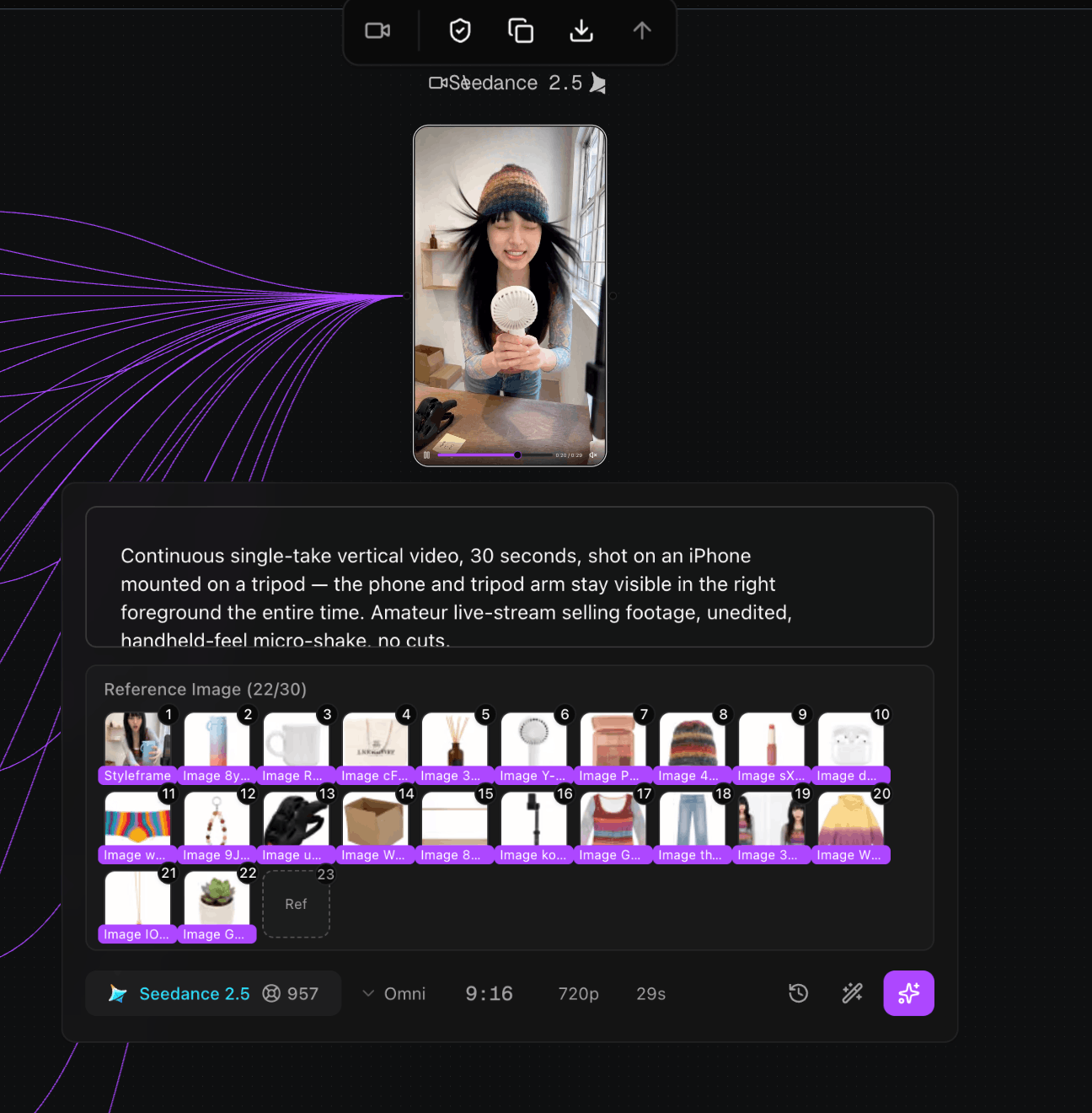 Screenshot of Direct the shot, down to the camera
Write director's notes, attach up to 30 reference images, and choose the model, aspect ratio, and length. Astorie generates the shot with your full project context and keeps it on the canvas for the next revision.