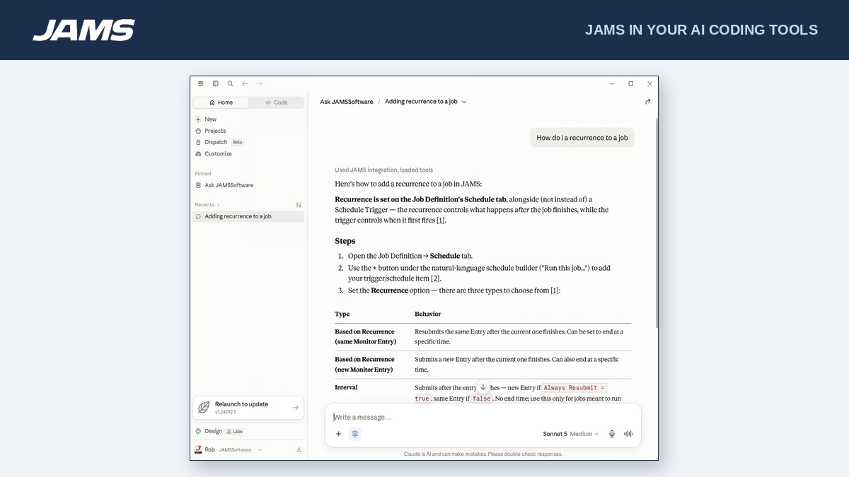 Screenshot of JAMS MCP is a connector that drops JAMS straight into the AI tools engineers already live in, like Cursor, VS Code with Copilot, Claude, and Codex.