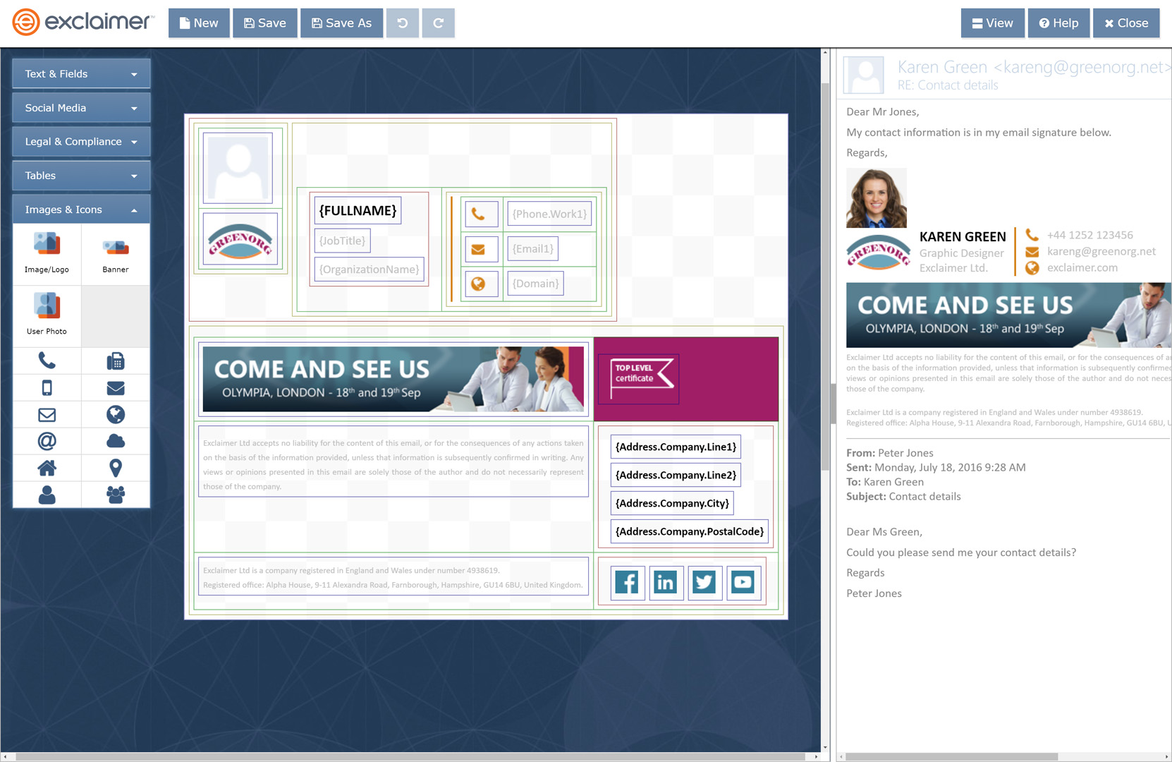 Screenshot of Add dynamic marketing elements such as promotional banners, social media icons and award logos.