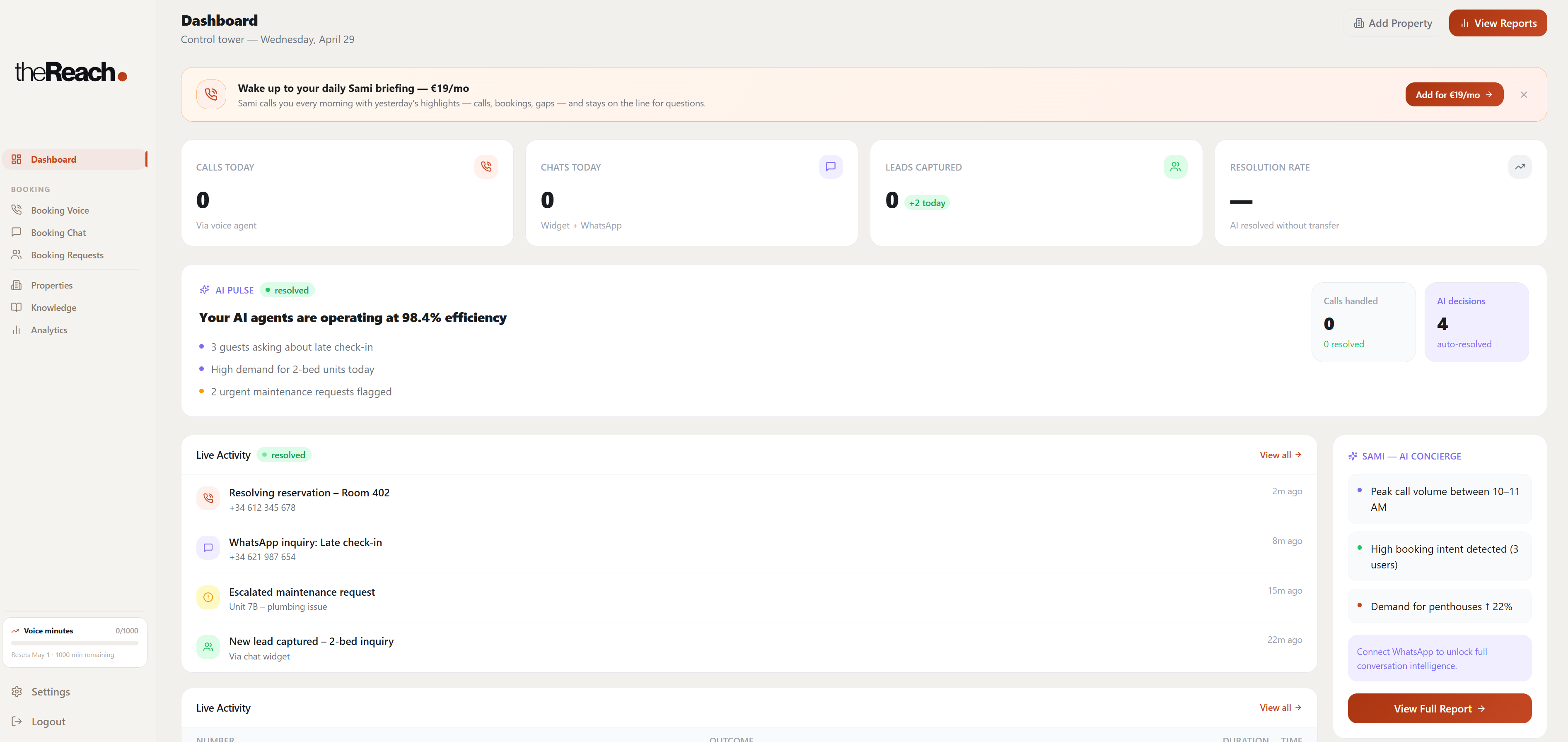 Screenshot of Control tower: live calls, chats, leads, and resolution rate at a glance.