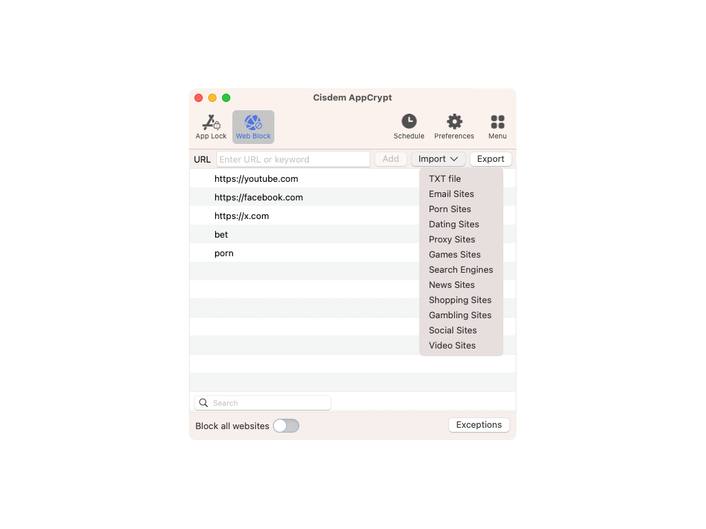 Screenshot of where to add websites, keywords, and website categories to block