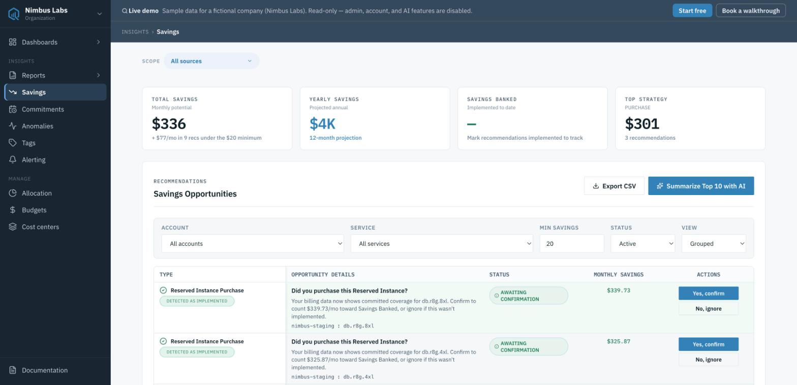 Screenshot of Ranked savings recommendations. CloudQuell does not modify workloads.