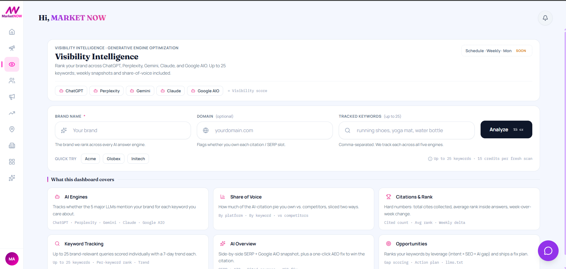 Screenshot of MarketNOW AI Visibility dashboard for monitoring how a brand appears across AI-powered search and answer engines and identifying GEO visibility opportunities.