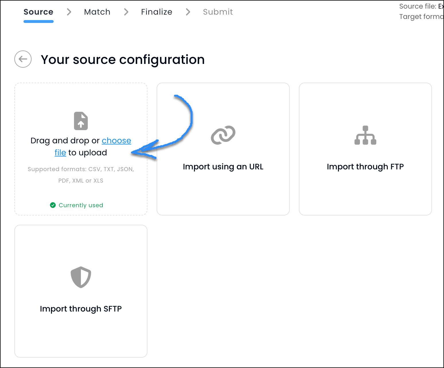 Screenshot of End customers upload data in any format: CSV, Excel, PDF, XML, JSON.