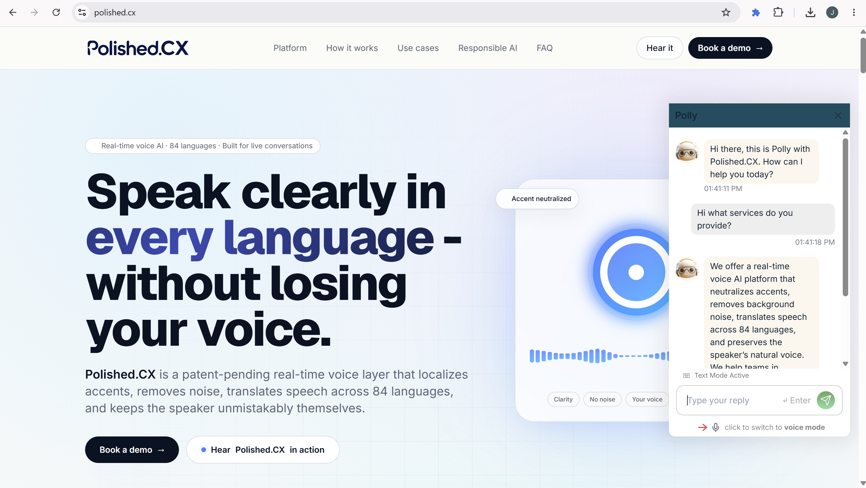 Screenshot of the AI Chatbot live on a real website with text and voice engagement