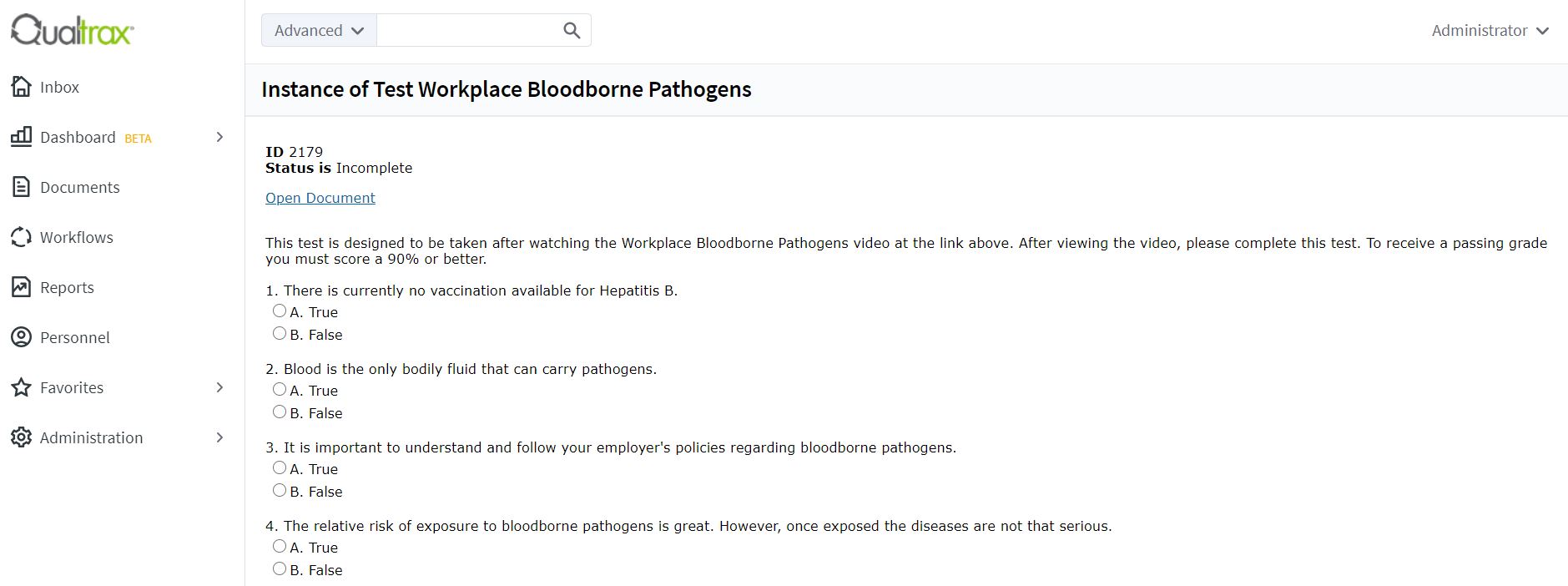 Screenshot of Test Instance