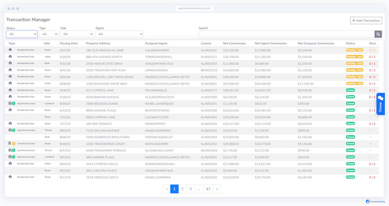 Screenshot of Every deal on one screen: commission, status, and documents per row.