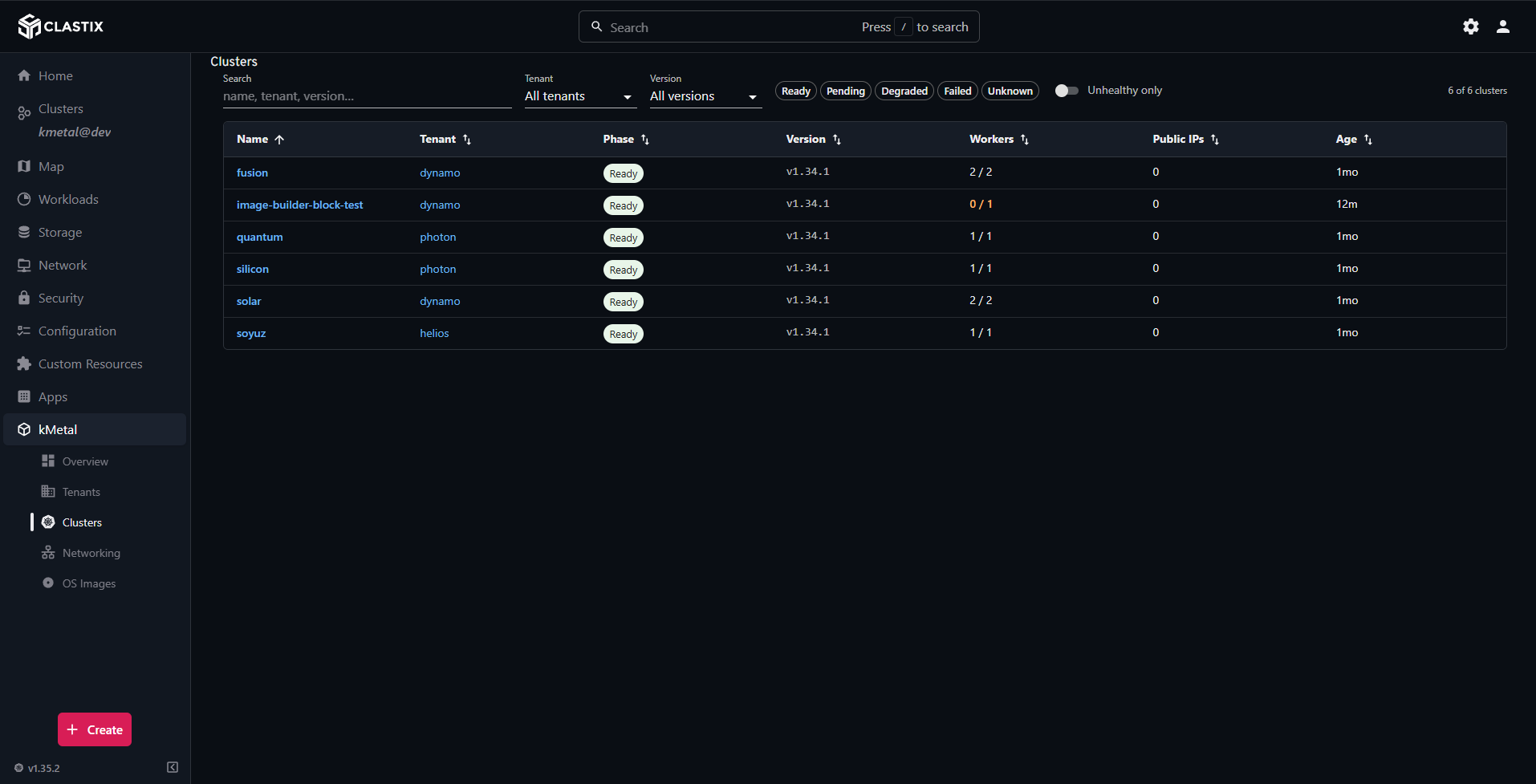 Screenshot of Clusters – view lists every tenant cluster with its owning tenant, Kubernetes version, worker count, and lifecycle phase, managed consistently across the fleet.