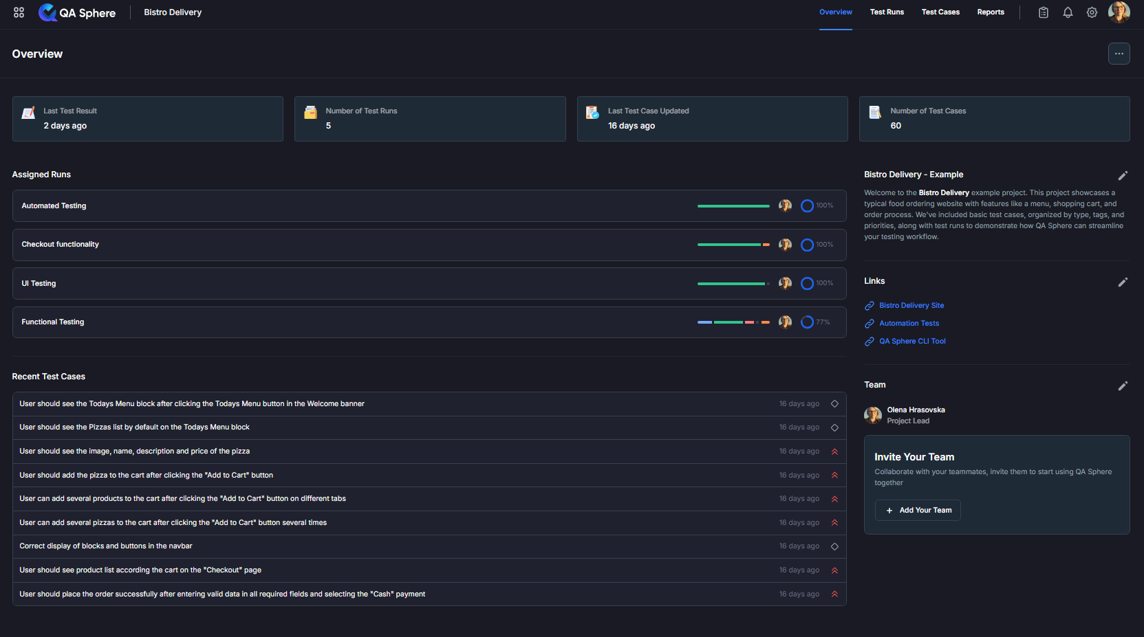 Screenshot of QA Sphere project main page