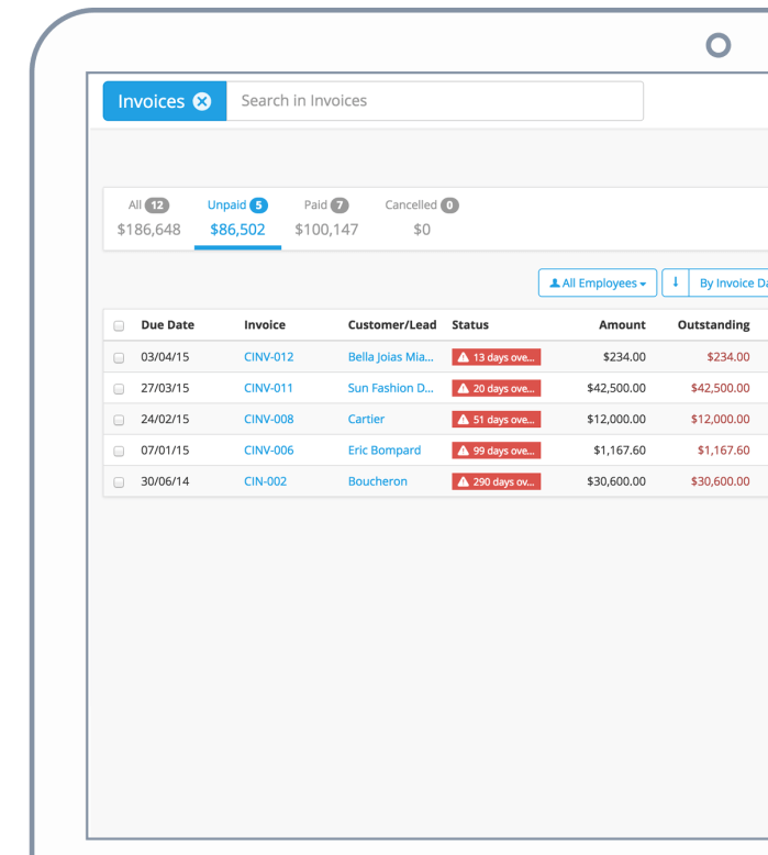 Screenshot of OneUp invoices