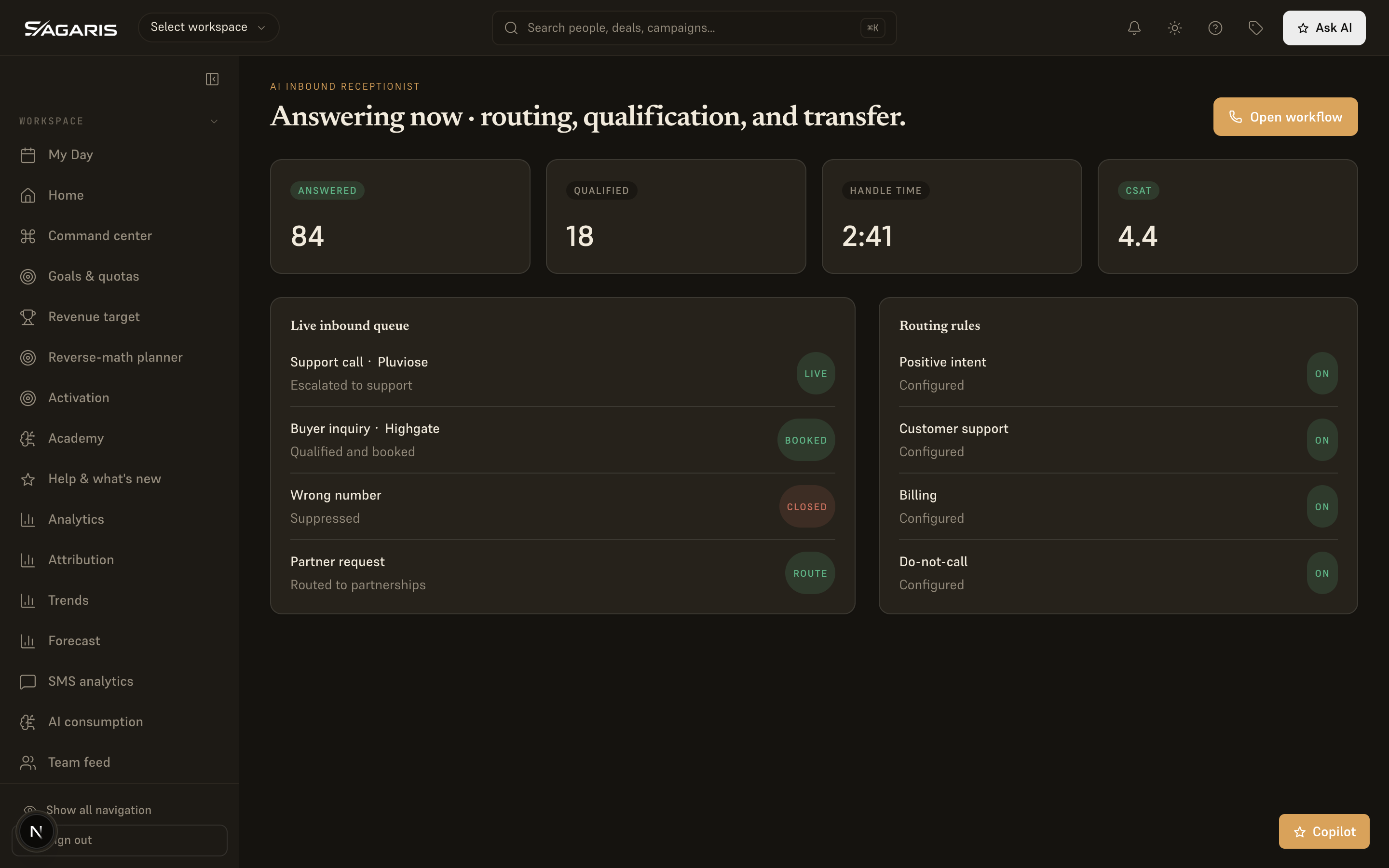 Screenshot of AI receptionist answers, qualifies and books inbound calls, and transfers out
