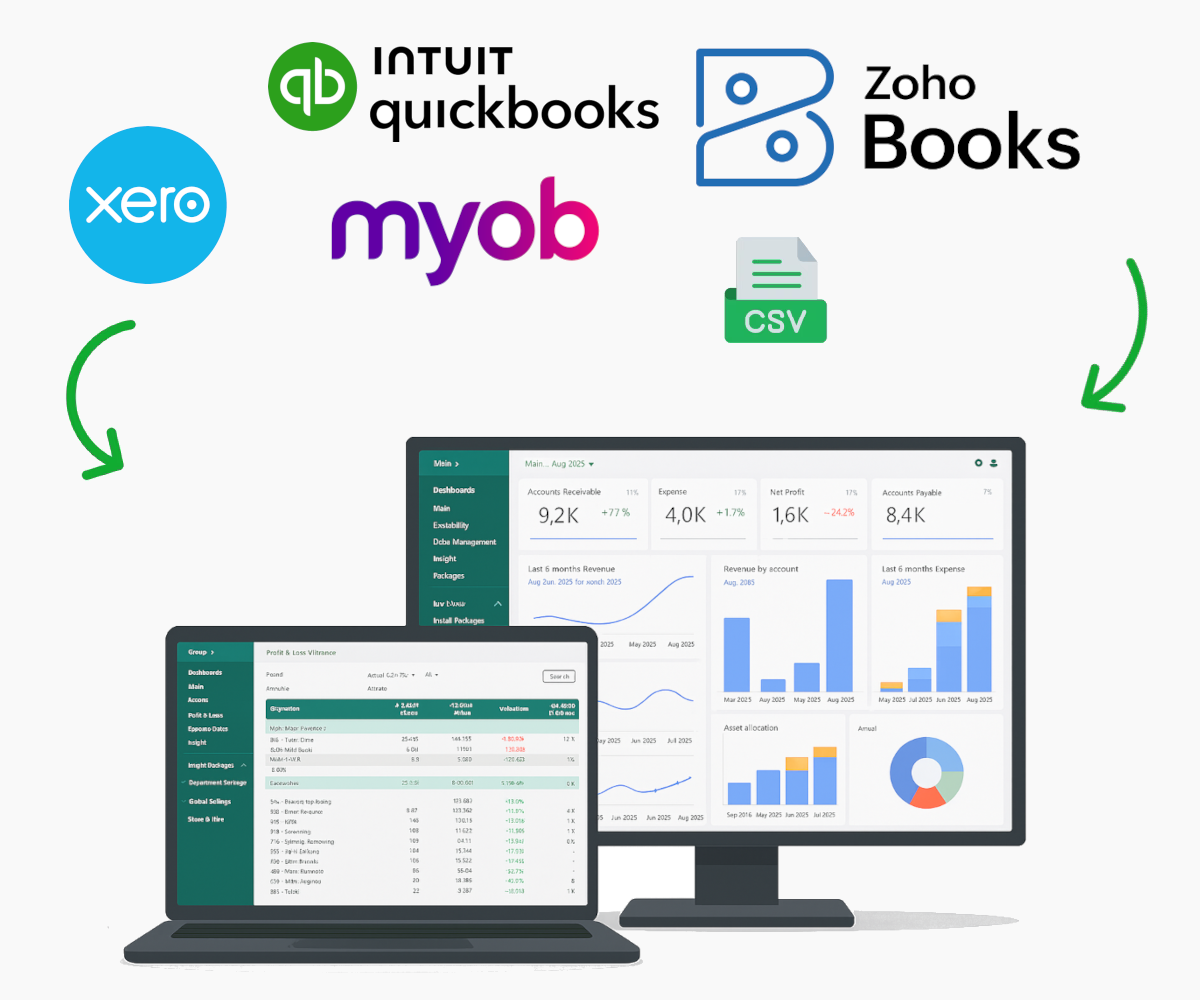 Screenshot of some of the available connections, including Xero, QuickBooks, and Zoho