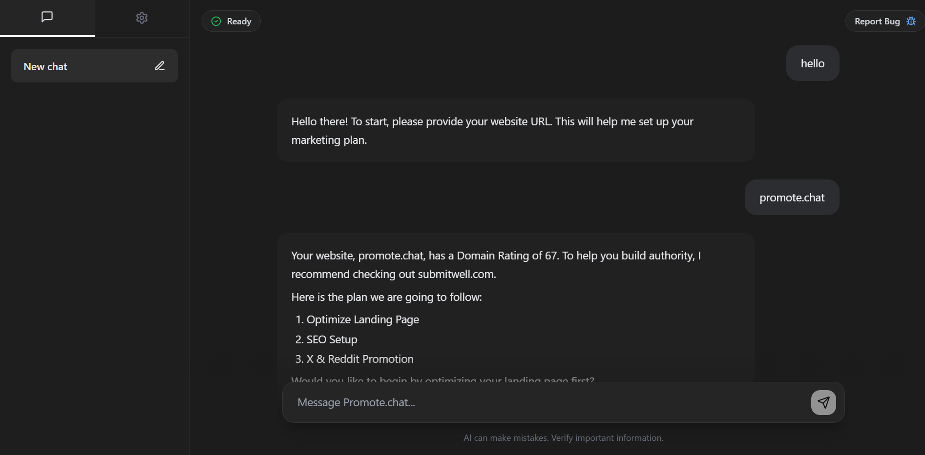 Screenshot of chatting with ai marketing agent