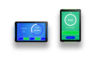 Screenshot of meeting room digital signage that indicates the room occupancy status from afar. The display works in either in portrait or landscape mode, and displays meeting room information, booking details, and lets users either release the room or book it on the spot.