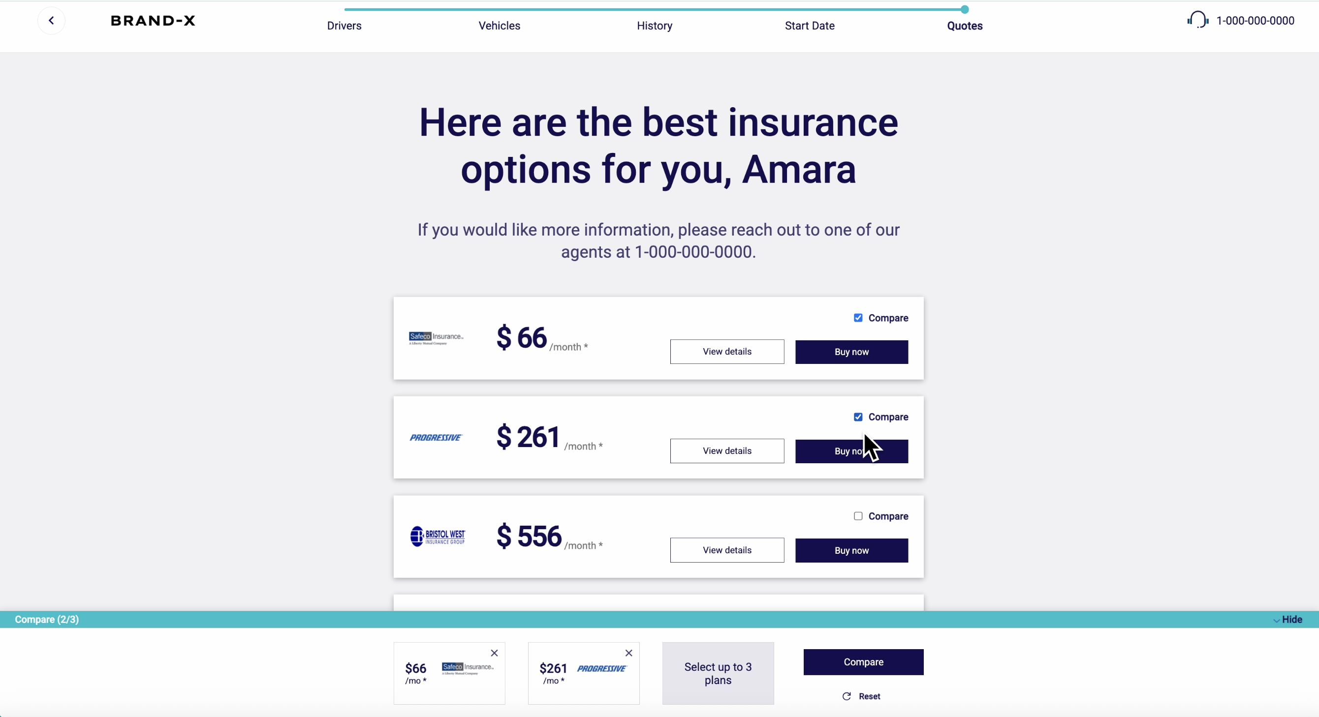 Screenshot of side-by-side comparisons of real-time, API-based quotes give users the best idea of what their final coverage will cost, with options to bind directly from the portal.