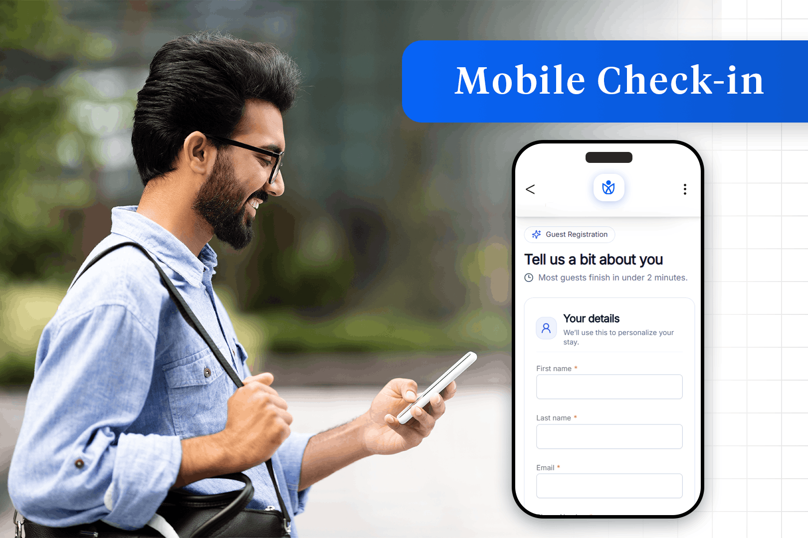 Screenshot of Guests check in before arrival or in seconds on site. AI scans and verifies guest IDs, auto-fills registration, captures signatures, and syncs to your PMS. Front desk queues shrink and a full check-in takes about 30 seconds, even at peak arrivals.