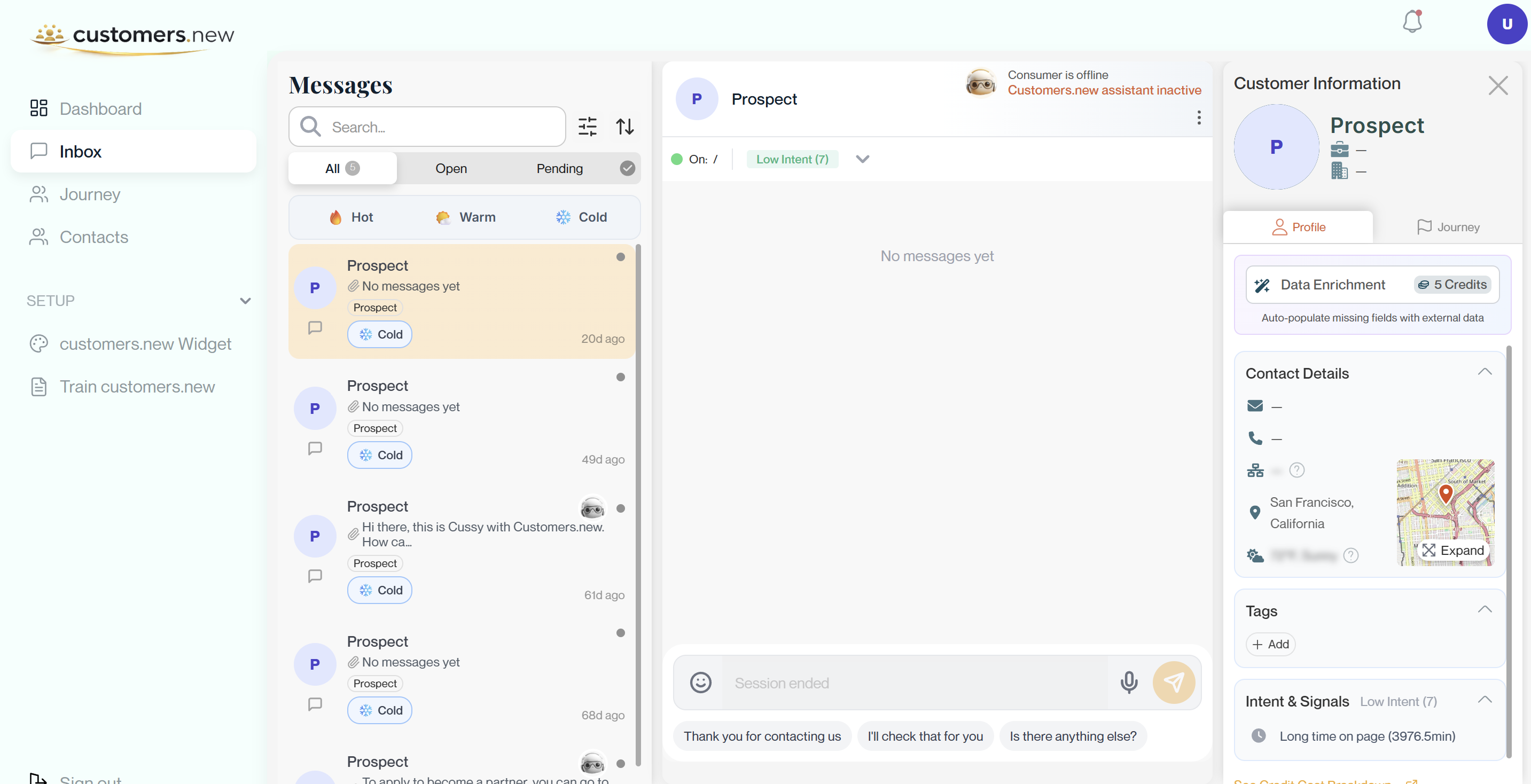 Screenshot of a real-time dashboard showing all website visitor conversations with filters for status, intent level, and topic category