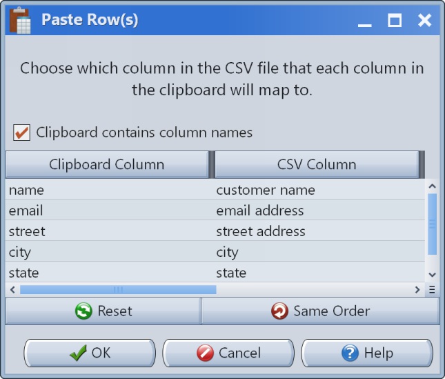 Screenshot of the Paste Rows tool