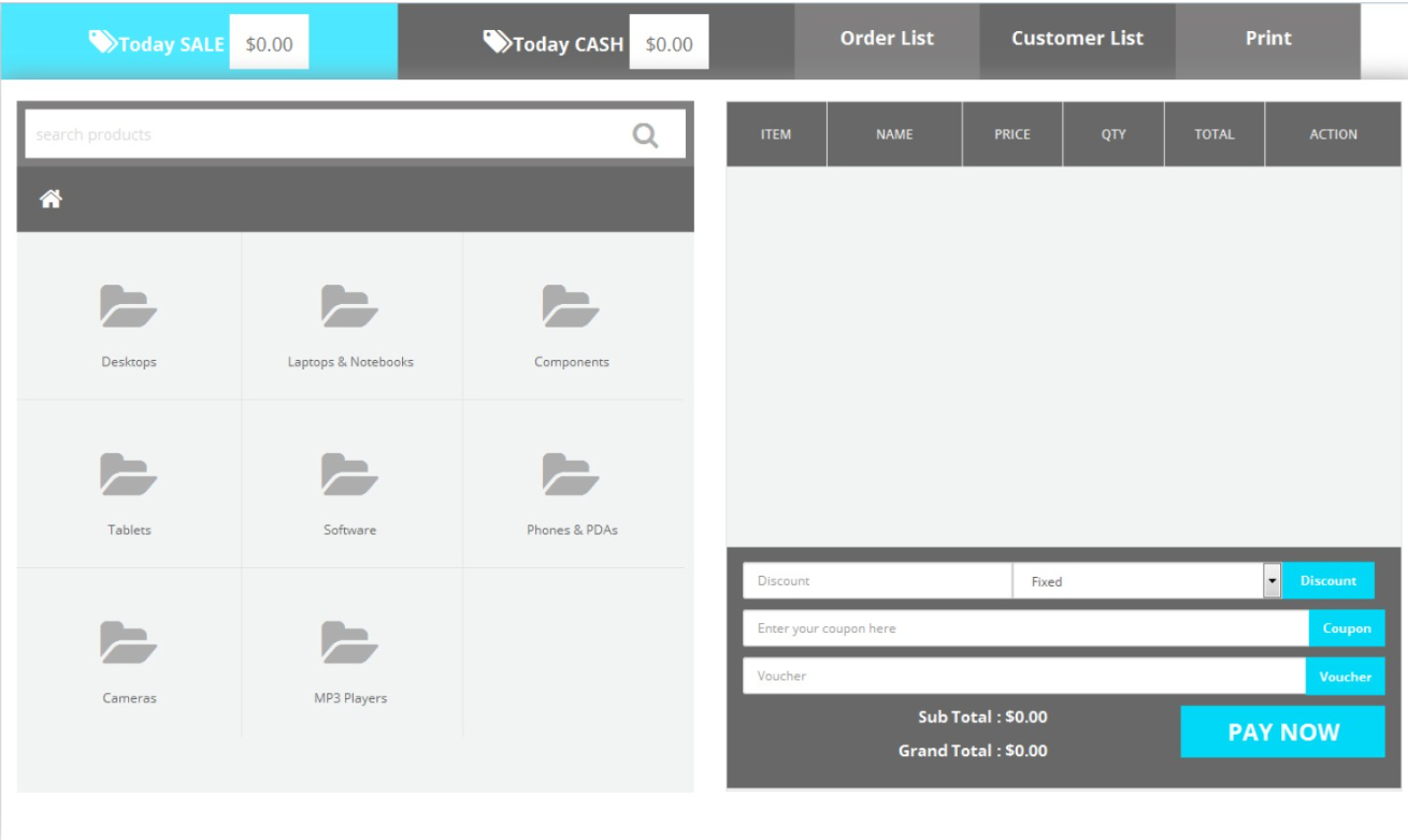 Screenshot of the pos screen of the TMD OpenCart module