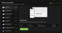 Screenshot of where ad channel are centralized: pick ChatGPT, Google, Microsoft, Facebook, Instagram, pop-under, push, display, native or video ads.