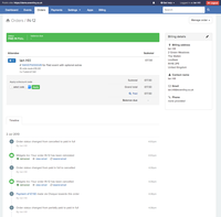 Screenshot of The orders page showing attendee information and a complete timeline of actions