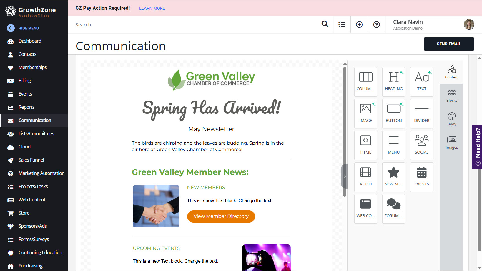 Screenshot of GrowthZone’s fully integrated Marketing Automation module, used to build and schedule customized email drip campaigns that ensure vital information goes out at the right time intervals.