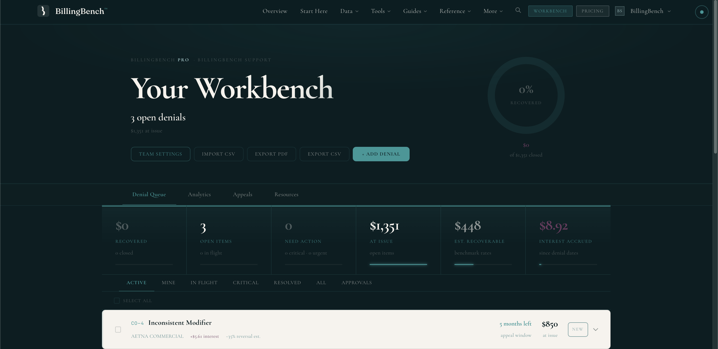 Screenshot of Workbench denial queue: tracks open denials with deadlines, interest accrual, estimated recoverable amounts, priority scoring, and win rate analytics.