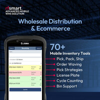 Screenshot of Wholesale distribution and Ecommerce (on NetSuite ERP) with 70+ mobile inventory tools. Pick, Pack, Ship; Order Waving; Pick Strategies; License Plate; Cycle Counting; Bin Support