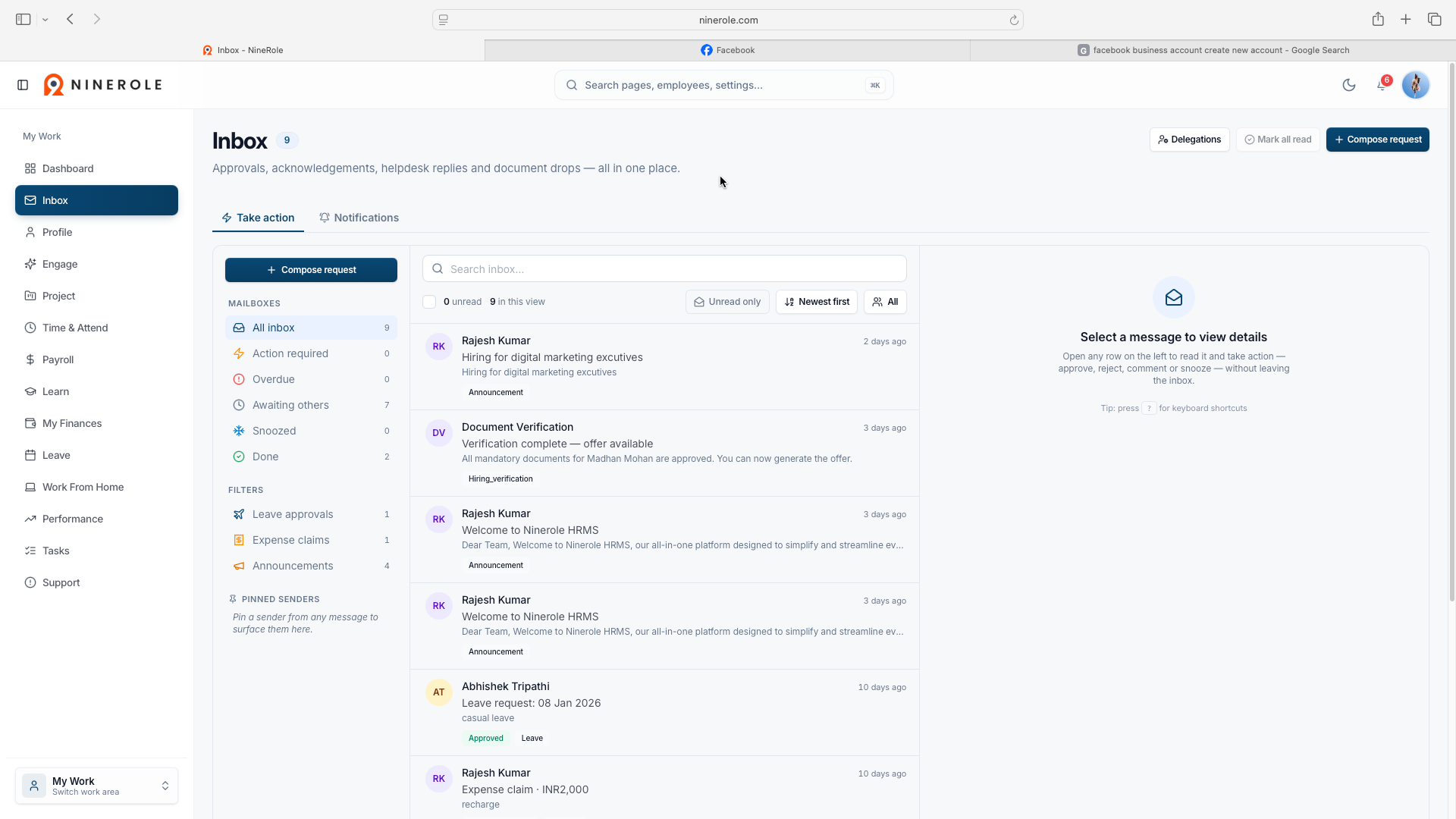Screenshot of the centralized inbox, for important notifications, requests, approvals, announcements, and workplace updates.