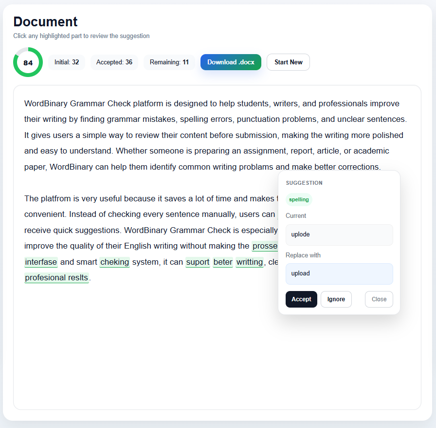 Screenshot of WordBinary Grammar Review page