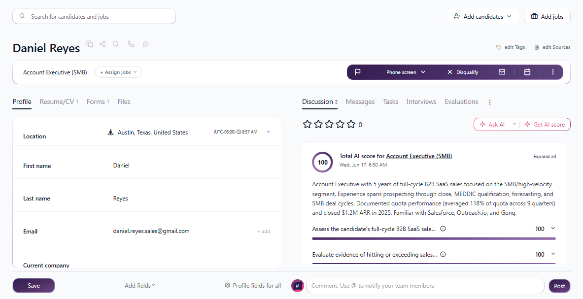 Screenshot of Candidate profile: AI score with explanation, resume, discussion and evaluations in one view