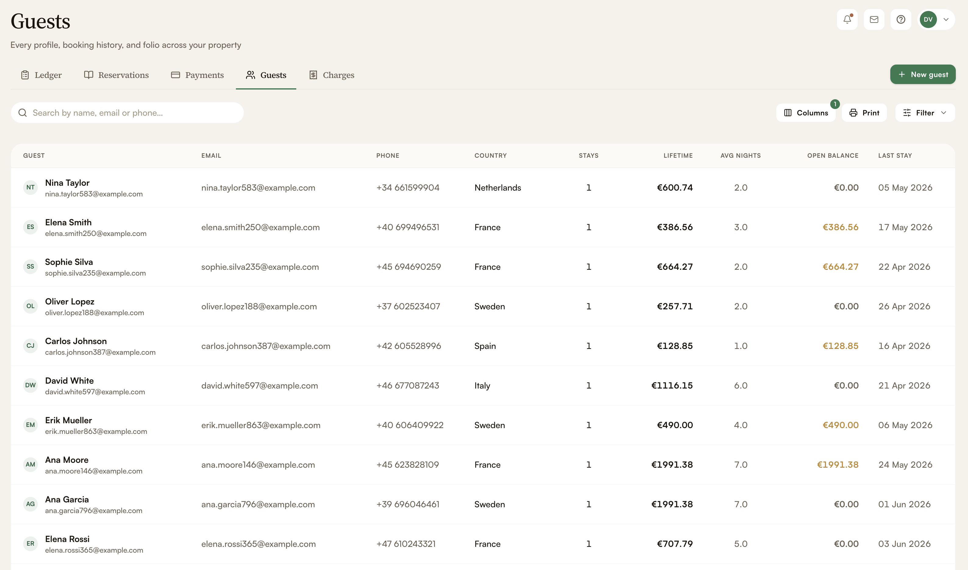 Screenshot of Guest management