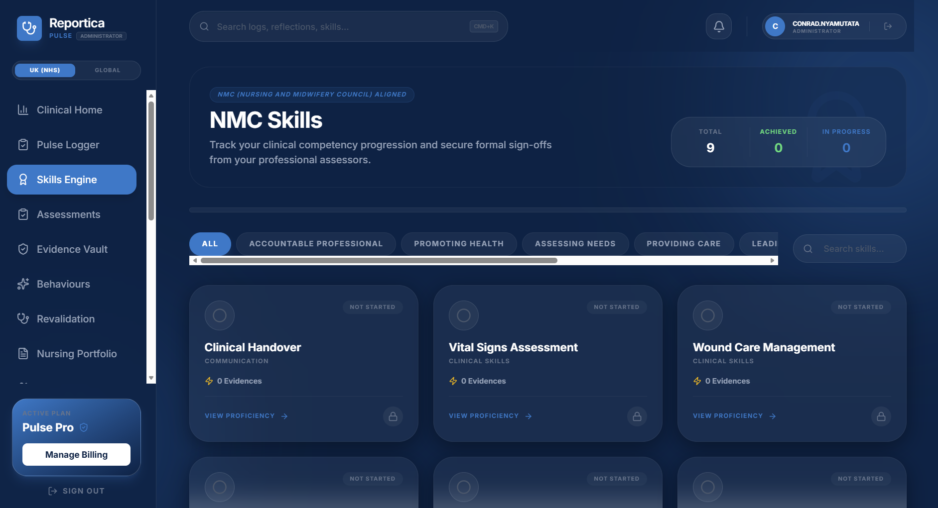 Screenshot of Skills Engine: takes logs and maps them against professional competencies. This helps students track which clinical standards they are meeting