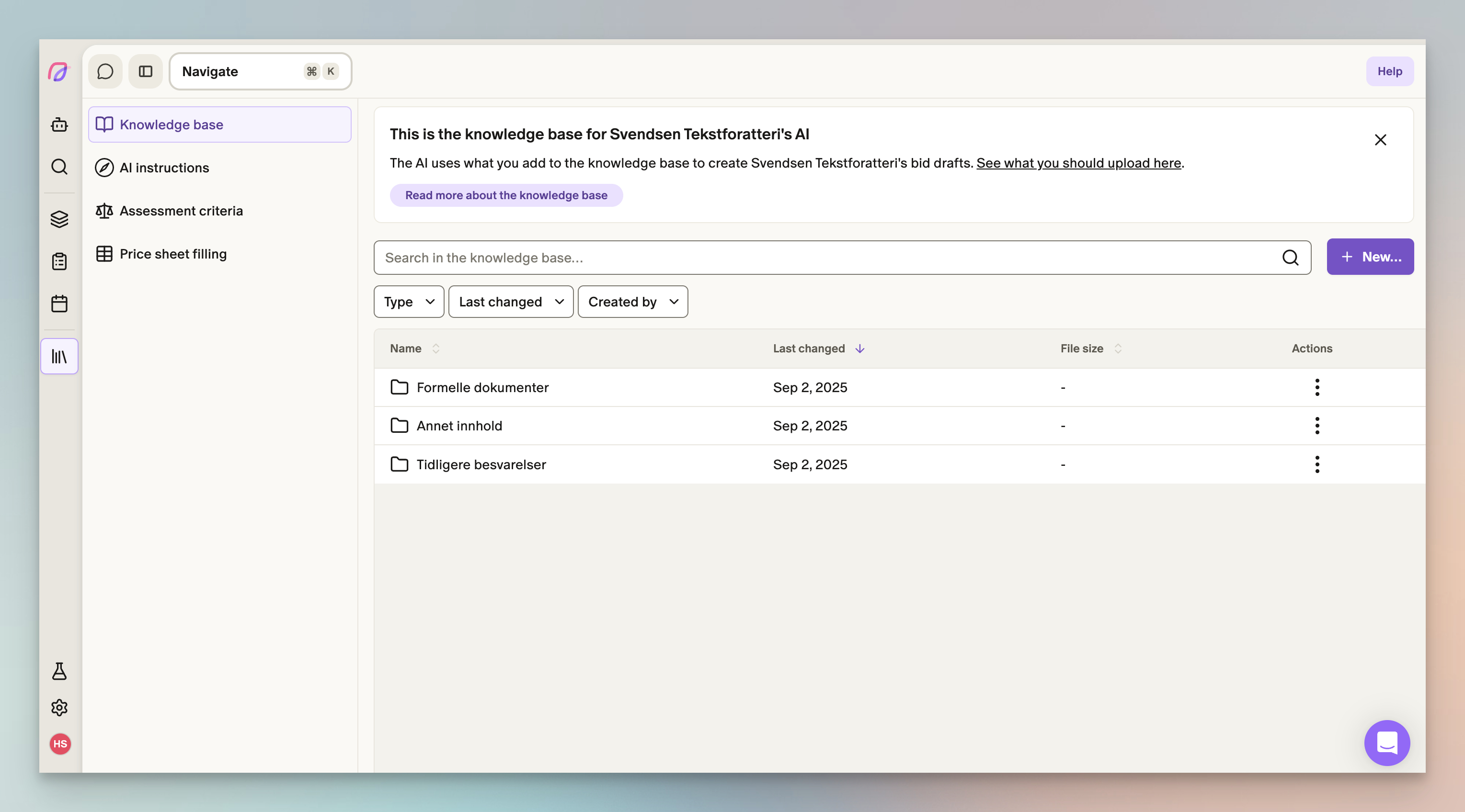 Screenshot of where to store formal documents, previous proposals, and reusable content in a knowledge base. The AI uses it to draft smarter, more accurate bids over time.