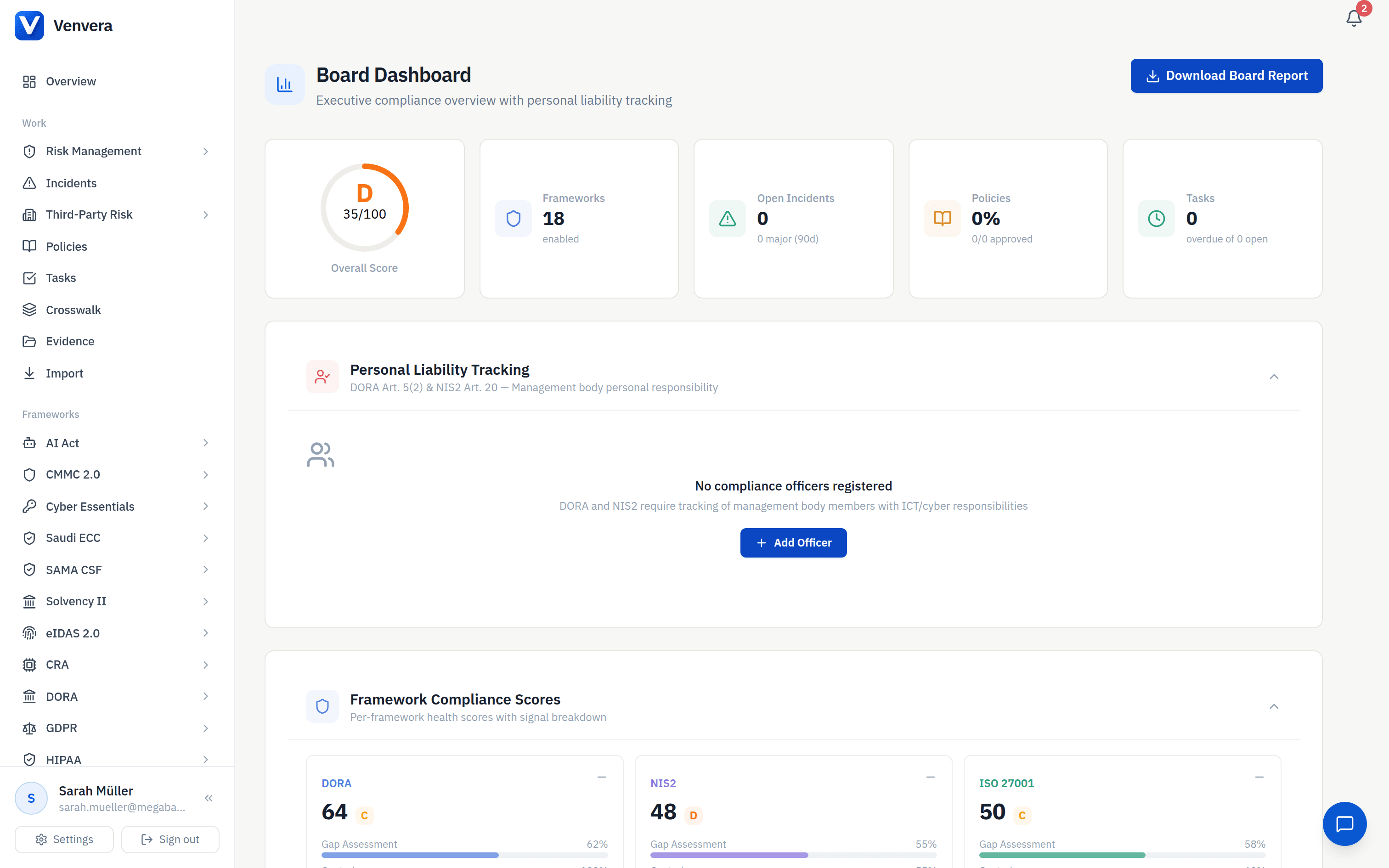 Screenshot of Boards and CISOs get an at-a-glance compliance posture — overall score, active frameworks, open incidents, and per-framework health scores for DORA, NIS2, and ISO 27001 — plus personal liability tracking mapped to DORA Art. 5(2) and NIS2 Art. 20. A one-click export delivers a board-ready PDF report from live data.