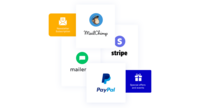 Screenshot of integrations available: Google Business Link, Google "Reserve" button, Facebook/Instagram, Michelin Guide, Viva Wallet, Stripe, Paypal, Redsys, Paypal express, Mailchimp, Mailerlite, Paysera