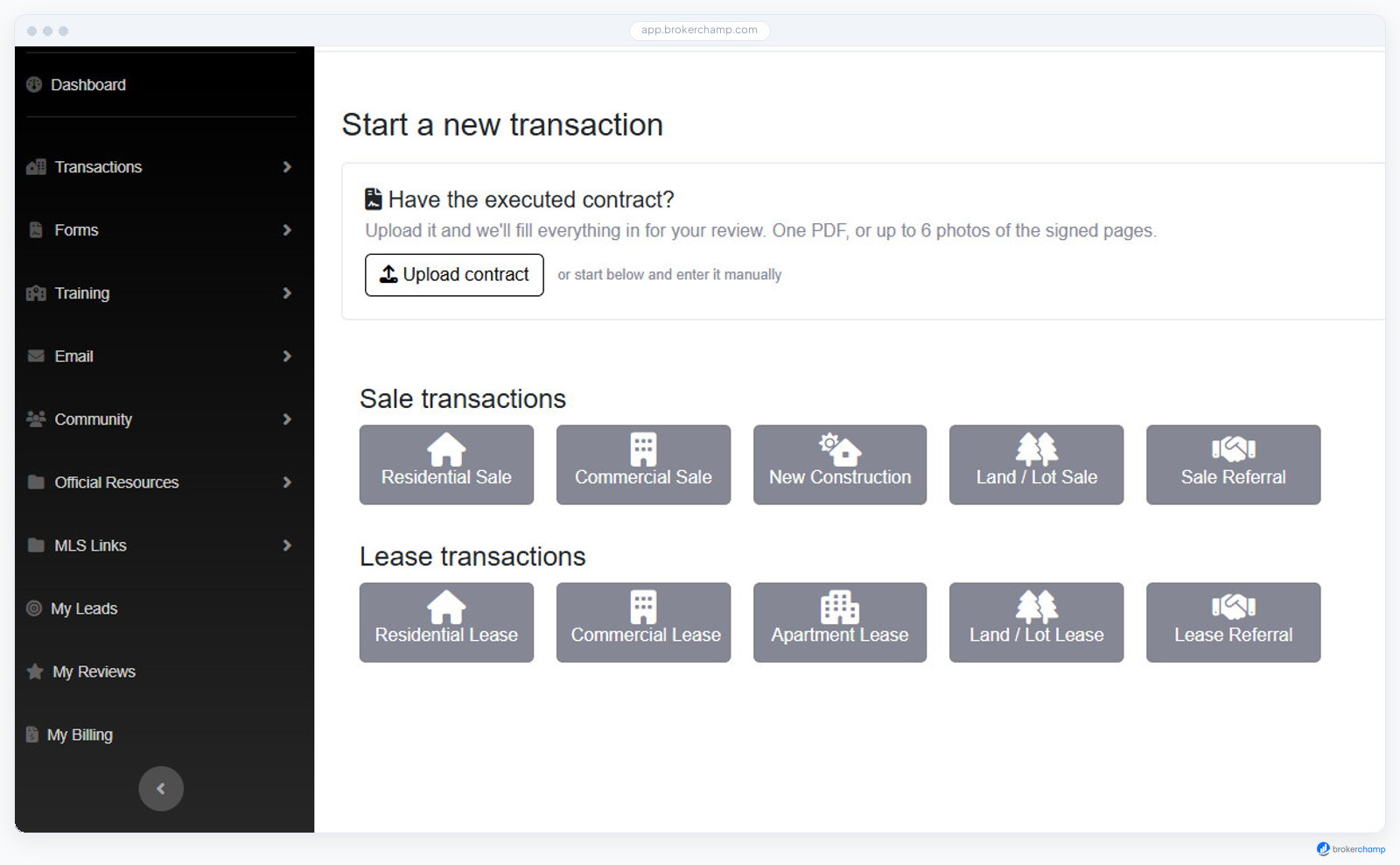 Screenshot of Where to upload the executed contract and the transaction prefills for review.